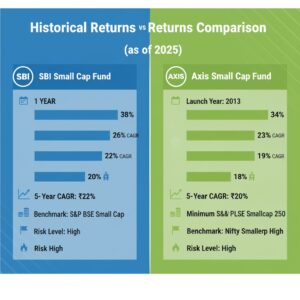 Historical returns comparison of SBI Small Cap Fund and Axis Small Cap Fund over 1-year, 3-year, 5-year, and 10-year periods” width=