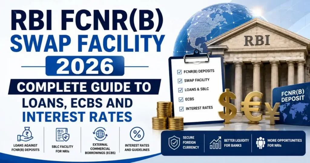 RBI FCNR(B) Swap Facility 2026 Professional infographic illustrating the RBI FCNR(B) Swap Facility 2026, featuring the RBI building, global currency symbols, FCNR(B) deposits, loans against deposits, SBLC facility, ECBs, and interest rates. The image highlights key benefits such as secure foreign currency deposits, improved liquidity for banks, and opportunities for NRIs under the RBI's FCNR(B) scheme.
